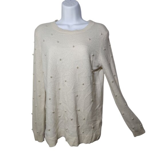 Belle France 100% 2-Ply Cashmere Ivory Pearl-Embellished Pullover Sweater S/M - Picture 1 of 6